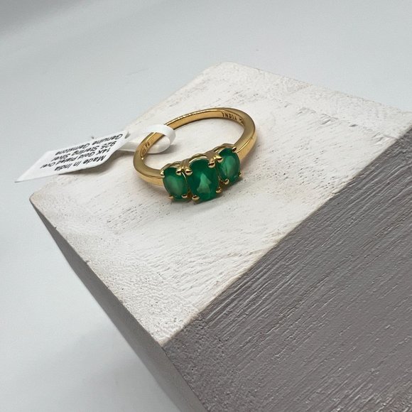 3 Stone Genuine Green Oval Onyx Ring Sterling Silver Vermeil Size 9.25 NWT - Picture 2 of 10